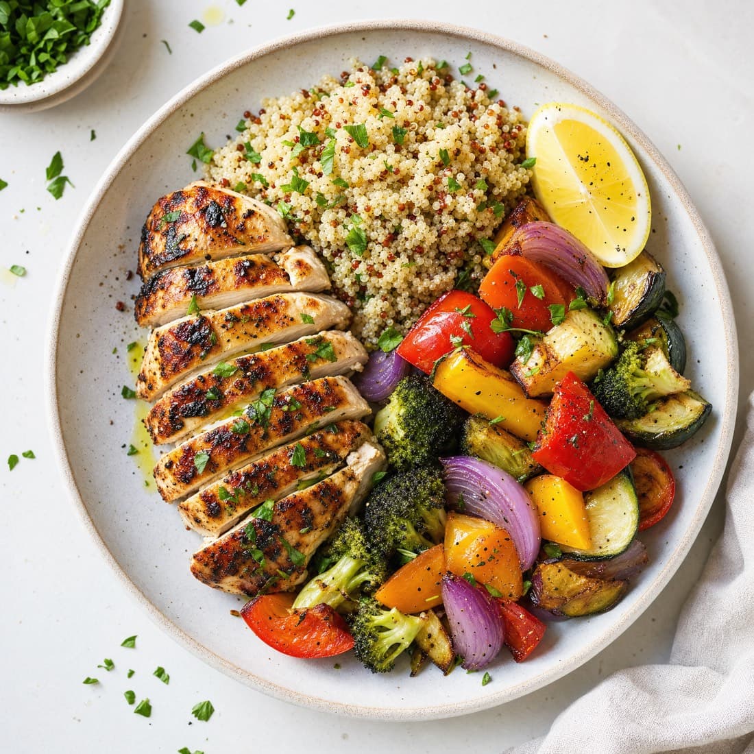 Grilled chicken with quinoa, broccoli, peppers, courgette and red onion