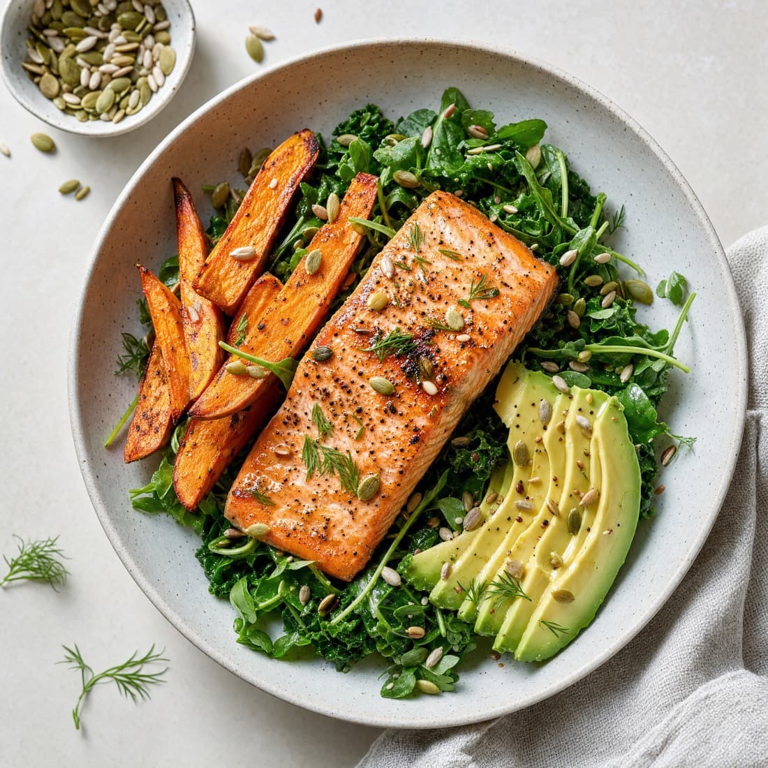 Salmon, greens and sweet potato plate