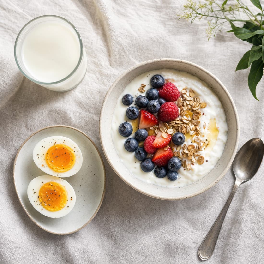 Greek yogurt with berries and granola, boiled eggs and a glass of milk