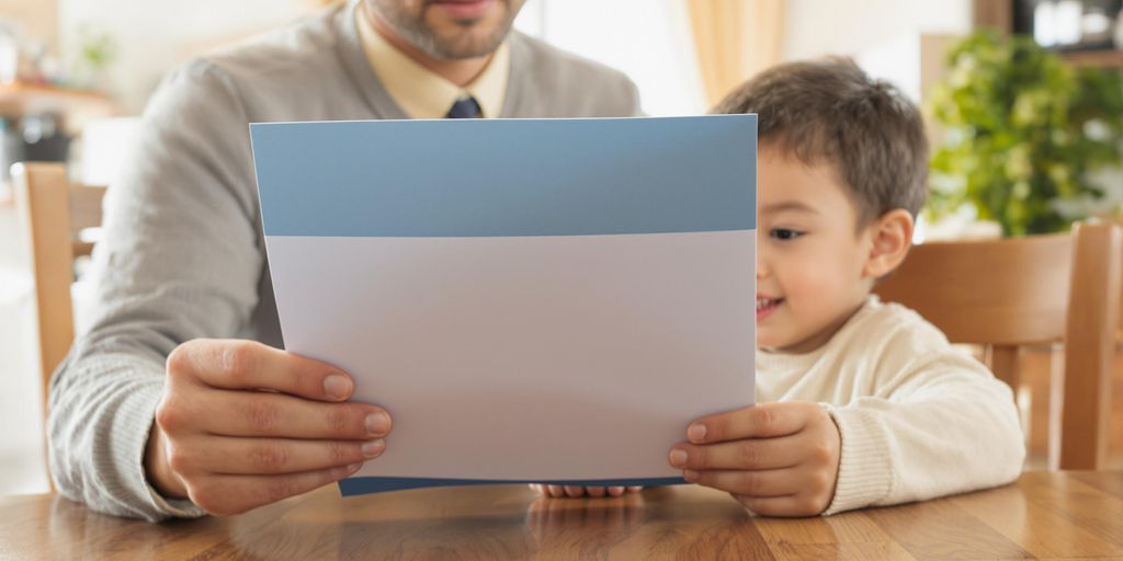 Parent, child, and official document in a home.